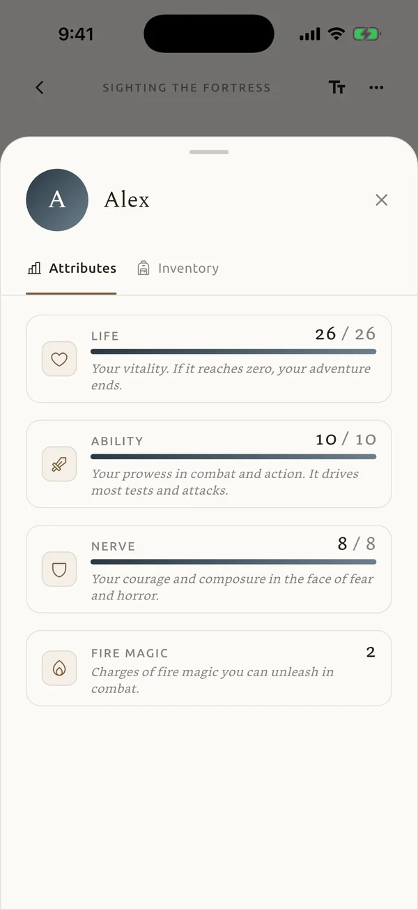 The character sheet in The Fortress of Red: Life, Ability, Nerve and Fire Magic
