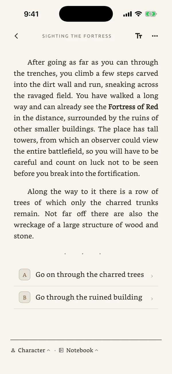 A page of The Fortress of Red, ending in two choices