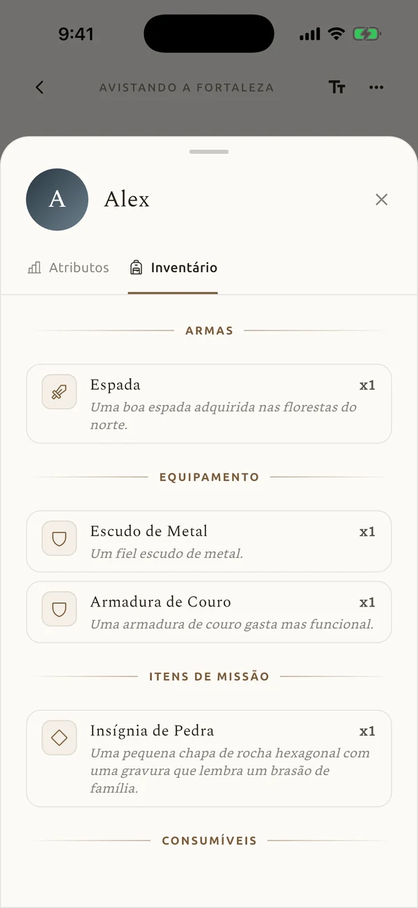 O inventário em A Fortaleza Vermelha: uma espada, um escudo, uma armadura e uma insígnia de pedra