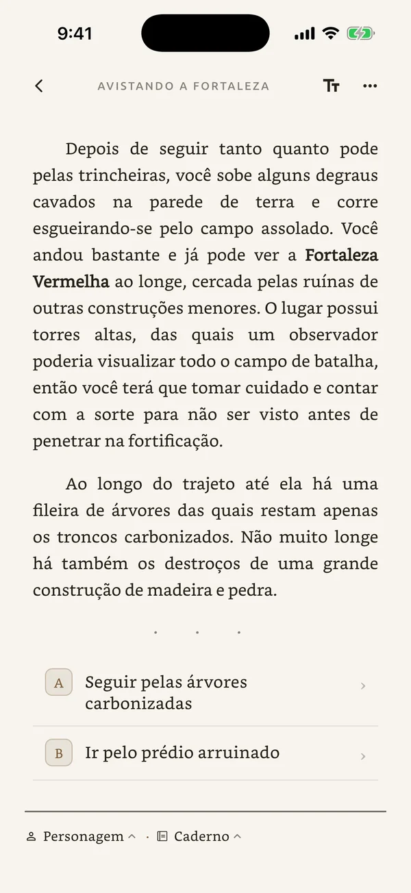 Uma página de A Fortaleza Vermelha, terminando em duas escolhas